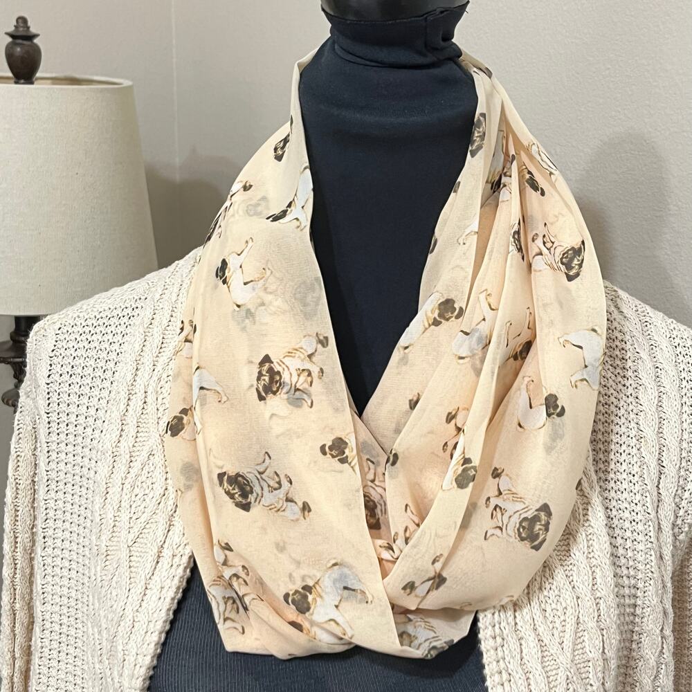 Puppy Dog Infinity Scarf ( Pug) Cream Brown Sheer Lightweight Cute